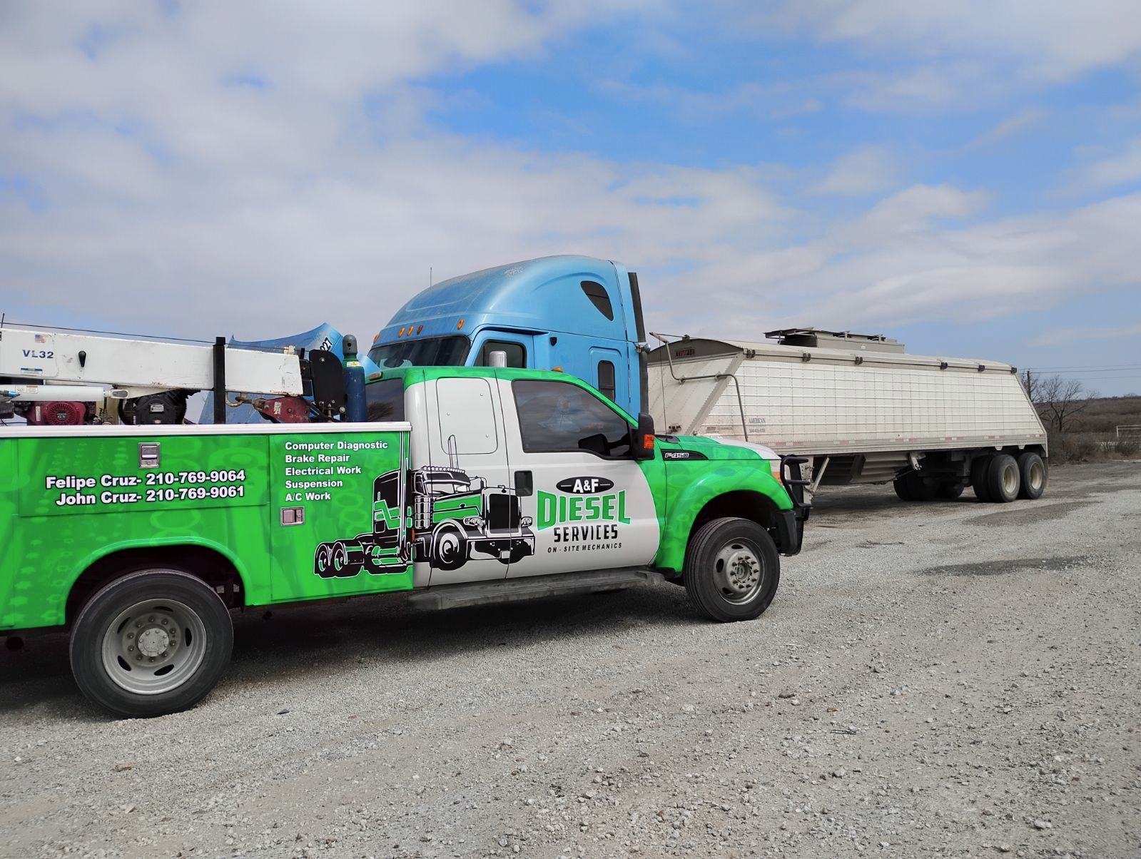A&F Diesel Services mobile service truck working beside a semi truck